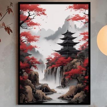 Imagem de Arte de parede japonesa pôster asiático no sótão vintage pôsteres japoneses vermelhos e pretos arte de parede flor de cerejeira fotos de unidade japonesa vintage vermelho preto branco pintura abstrata