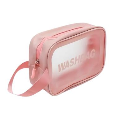 Imagem de Necessaire Transparente em PVC e Couro, Bolsa de Viagem para Cosméticos e Higiene Pessoal, Unissex (Rosa)