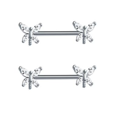 Imagem de Kokoma Anéis de mamilo de libélula 14G para mulheres, mamilos de zircônia cúbica, anéis de língua reta, escudo de mamilo, anel de barra, joia de piercing corporal, 14 Gauge, Aço inoxidável, Sem Pedra