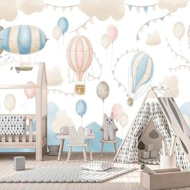 Imagem de GLWYHY - Belos desenhos animados cor rosa balão de ar quente papel de parede grande aconchegante quarto infantil mural azul claro abstrato fundo de TV frontão - 495.3 cm x 304.8 cm (L) x A)
