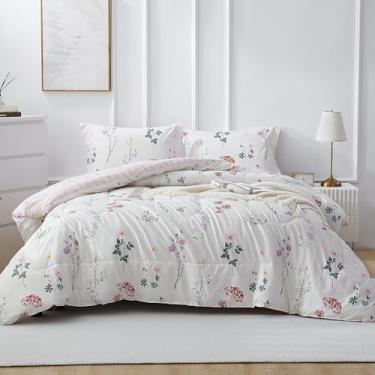 Imagem de Mooreeke Conjunto de edredom floral, tamanho casal, branco, vintage, com estampa de flores botânicas para todas as estações, cama vintage de 3 peças em uma bolsa com edredom acolchoado fofo reversível