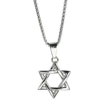 Imagem de jonline24h Colar de aço inoxidável polido, pingente de estrela da sorte de Davi, corrente de prata de 45 a 71 cm, 20 Inches, Aço inoxidável