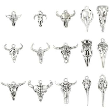 Imagem de KitBeads 84 peças 14 pingentes de caveira tibetana ocidental antiga prata cabeça de gado pingentes aniaml para brincos, colares, pulseiras, fabricação de joias, Liga de aço, Sem Pedra Preciosa