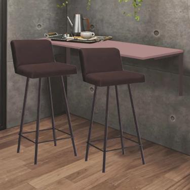 Imagem de Kit Mesa Suspensa de Parede Fixa mdf Rosa + 2 Banquetas Lexi Ferro Marrom Suede Marrom - Ahazzo Móveis