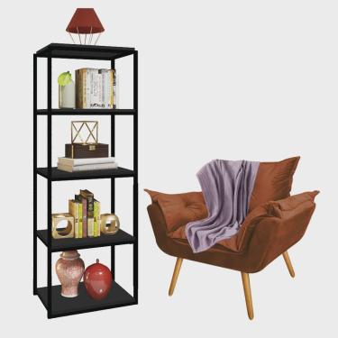 Imagem de Kit Poltrona Fatte com Manta Soft Lilás e Estante Livreiro Ferro Preto mdf Preto Suede Terracota - Ahazzo Móveis