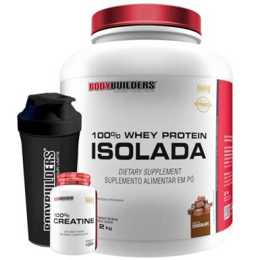 Imagem de Kit Whey Protein 100% Isolada 2kg + 100% Creatina 100g + Coqueteleira - Bodybuilders (Médio, Chocolate)