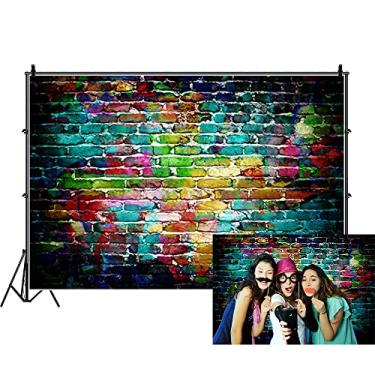 Imagem de Renaiss 2,7 x 1,8 m Pano de fundo de parede de tijolos de grafite colorido vintage anos 80 anos 90 hip hop arte urbana arte de tijolo fotografia de fundo para casamento, chá de bebê, aniversário