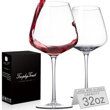 Imagem de TrophyToast Conjunto de 2 taças de vinho extra grandes de 946 ml - taças de vinho tinto sopradas à mão com haste longa - taças de vinho tinto gigantes de cristal bordô mais claras, finas, embalagem de