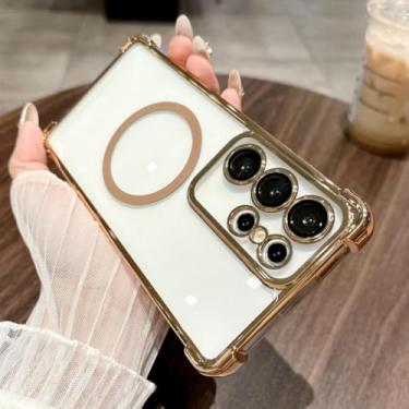 Imagem de MVVKKY Para SamsungS25Plus Luxury Plating Airbags Anti Fall Magnetic Case Clear Shockproof Protector Cover (Para SamsungS25Plus / Dourado)