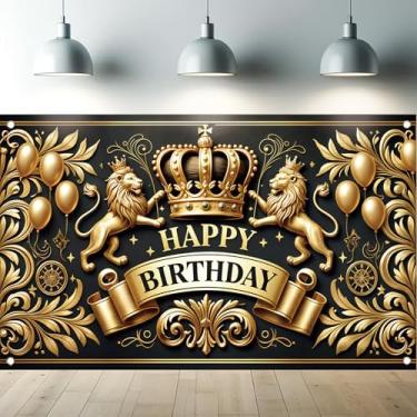 Imagem de Starlit Patio Elegante coroa dourada leão aniversário pano de fundo balões fitas decorativas fotografia fundo para celebrações, decoração de aniversário real para eventos, cabines fotográficas 180 x