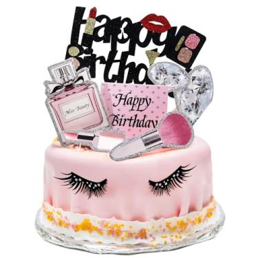 Imagem de Pacote com 22 topos de bolo de maquiagem, frasco de perfume de batom, pincel de diamante para cílios, topo de cupcake, decoração de feliz aniversário para meninas, mulheres, tema de maquiagem,