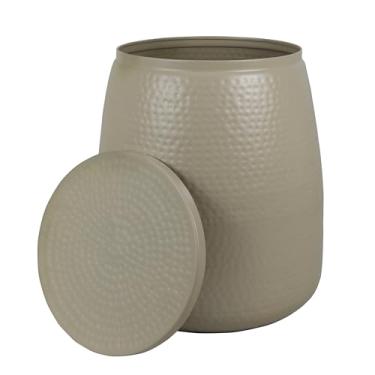 Imagem de happimess SSL2000D Merida Mesa lateral de armazenamento de tambor metálico rústico moderno de 48 cm com tampa, mesa de canto para decoração na sala de estar, quarto, banheiro, amêndoa