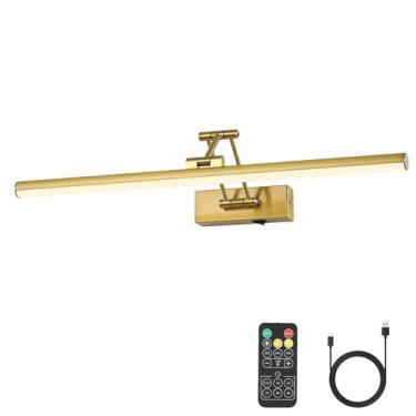 Imagem de Joossnwell Luz de imagem operada por bateria para parede, iluminação de arte recarregável para pinturas, sem fio, 60 cm, moldura com controle remoto, luz de galeria regulável, latão para biblioteca,