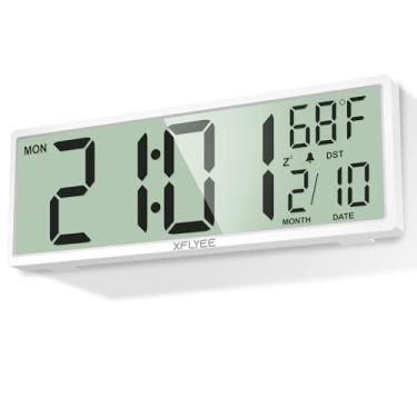 Imagem de Xflyee Relógio de parede digital grande de 35 cm operado por bateria com números jumbo, horário de verão, dia, data, alarme, temperatura para sala de estar, quarto, decoração de mesa, presente, tela