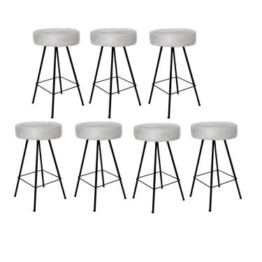Imagem de Kit 07 Banqueta Alta Laisa Industrial Redonda Ferro Preto Suede Cinza - Amey Decor