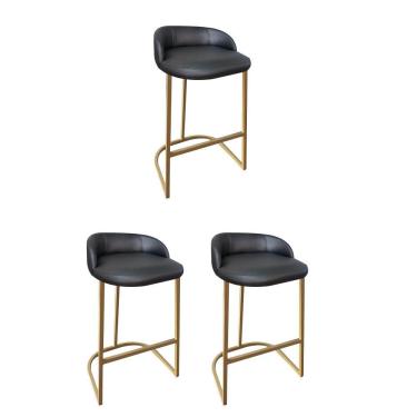 Imagem de Kit 03 Banqueta Com Encosto Alta Cozinha Bar Balcão Ferro Dourado Sintético Preto - Amey Decor