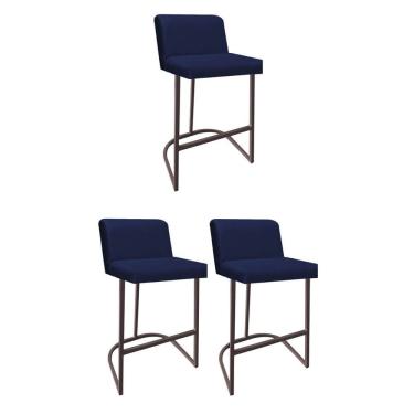 Imagem de Kit 03 Banquetas Com Encosto Confort Bistrô Cozinha Ferro Marrom Suede Azul Marinho Amey Decor