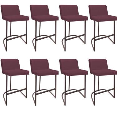 Imagem de Kit 08 Banquetas Com Encosto Noah Luxo Confort Bistrô Cozinha Ferro Marrom Suede Bordô - Amey Decor