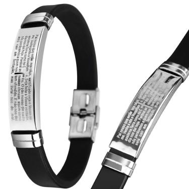 Imagem de Pulseira Prata Masculina Placa Aço Inox Pai Nosso Silicone Presente Qualidade Premium Preta Casual