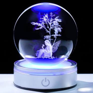 Imagem de YWHL Estatueta de árvore de fadas 3D bola de cristal com base de LED colorida, presente decorativo perfeito para mulheres meninas estátua de fada de vidro globo de neve esfera peso papel artesanato
