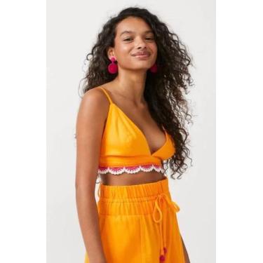 Imagem de Blusa regata cropped em linho com renda em crochê laranja - dai modas 