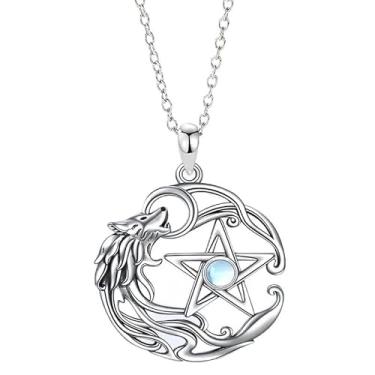 Imagem de Colar de pentáculo de lua de lobo com pedra da lua, pingente pagão celta com corrente, 1.5 Inches, Aço inoxidável, Sem Pedra Preciosa