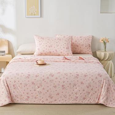 Imagem de MorroMorn Conjunto de edredom de solteiro, supermacio, 3 peças, com 2 fronhas, cobertor leve para cama, meninas, adolescentes, adolescentes, verão, primavera, outono (flores rosa)