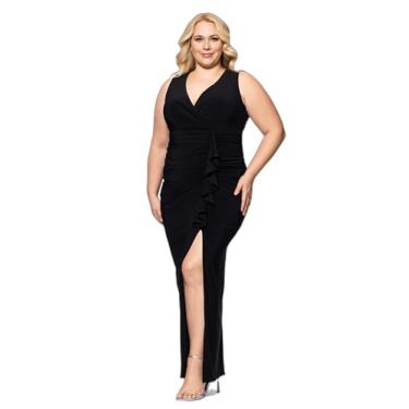 Imagem de Betsy & Adam Vestido feminino plus size sem mangas, longo, elástico, decote em V, franzido, Preto, 15 Plus Size
