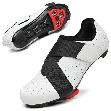 Imagem de VikoViren Tênis de ciclismo unissex compatível com bicicleta Peloton com alça única de gancho e laço e travas Delta incluídas perfeito para andar de bicicleta em ambientes internos para homens e mulheres, Branco, 13 Women/11 Men