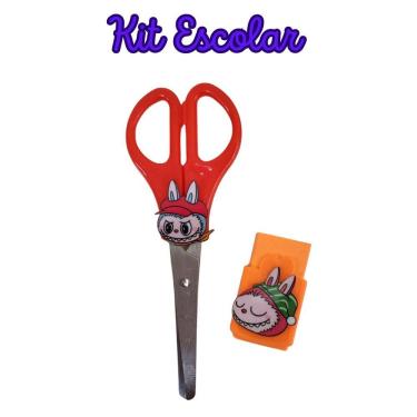 Imagem de Kit Escolar tesoura sem ponta e borracha La bubu papelaria borracha com capa escolar material férias escolares
