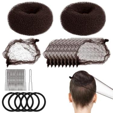Imagem de Kit de Coque Infantil, 2 Mini Donuts Cabelo, 10 Redes Invisíveis, 20 Grampos, 5 Elásticos para Meninas Festa de Balé (Marrom)