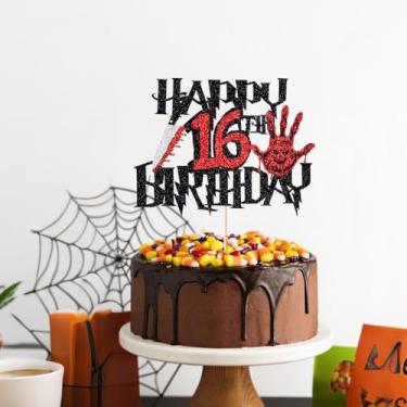 Imagem de Black Glitter Killer Happy 10th Birthday Cake Topper, Halloween Zombie Vampire Bloody Friday Birthday Decor, faca e máscara, glitter de um lado (Killer Happy Birthday, 16)