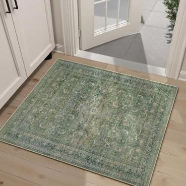 Imagem de HUGEAR Tapete de entrada 2x3 vintage verde pequeno lavável à máquina tapete de porta retrô floral baixo tapete de pilha baixa aspirável envelhecido tapete entrada cozinha banheiro quarto