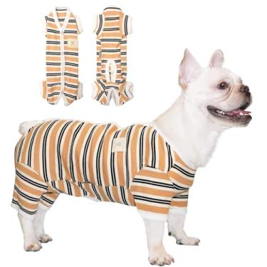 Imagem de Pijama listrado colorido para cachorrinhos com 4 leggings para cães e machos da TONY HOBY elástico macacão para cães de malha para primavera e verão macacão para cães pequenos e médios (G, marrom-meninos)