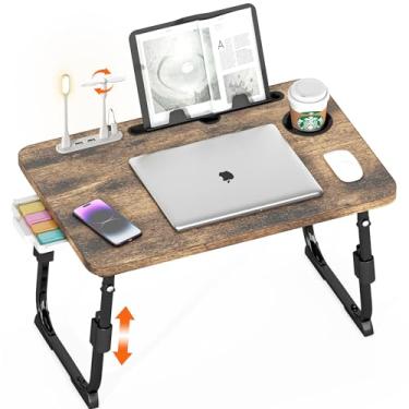 Imagem de DECOSIS Mesa de laptop para cama ajustável em altura, mesa de colo com USB/gaveta de armazenamento/suporte de copo/suporte de tablet/prateleira de livros, bandeja de café da manhã dobrável portátil