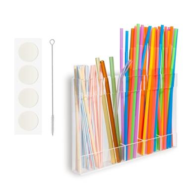 Imagem de Suporte de canudo de acrílico para porta de armário com fita adesiva dupla face reutilizável organizador de canudo dispensador de recipiente de armazenamento para armário de balcão cozinha (trans)