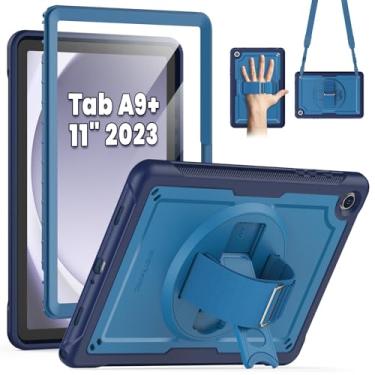 Imagem de SEYMAC Capa para Samsung Galaxy Tab A9+ Plus 11 polegadas 2023 (SM-X210/X216/X218), capa protetora à prova de choque com protetor de tela, suporte giratório e alça de mão/ombro, azul marinho