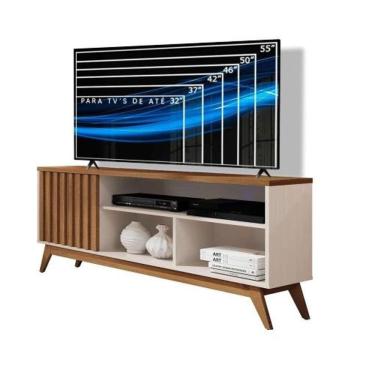 Imagem de Rack Retrô TV Até 60 Polegadas Pés De Madeira 1 Porta E Nichos Malbec Wood Ripado 1.36