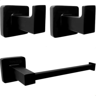 Imagem de Dona D Cor, Gancho Porta Toalha Preto Fosco Porta Papel Higiênico Kit Suporte De Parede Banheiro Quadrado Black