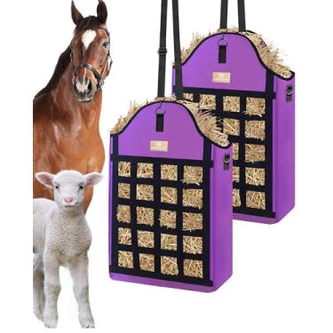 Imagem de Excoutsty Sacos de feno para cavalos, 3 pacotes de sacos de feno de alimentação lenta para cabras, ovelhas, burros, sacos de alimentação de feno Oxford reforçados 600D com design de redes de feno