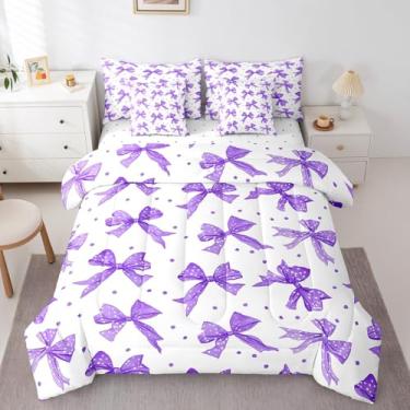 Imagem de jejeloiu Conjunto de edredom com laço roxo e lençol completo, 7 peças, gravata borboleta, nó de borboleta, princesa sonhadora, para crianças, meninos, fofos, kawaii, feminino, geométrico, para