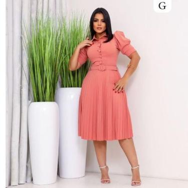 Imagem de Vestido mídi saia Plissada crepe de malha com elasticidade gola polo c