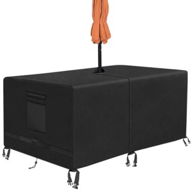Imagem de Kovshuiwe Capa retangular para mesa de pátio com orifício para guarda-chuva, resistente, impermeável, tecido Oxford 600D, capas de móveis para gramado e pátio (252 cm C x 208 cm L x 60 cm A)
