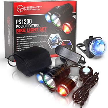 Imagem de NP NIGHT PROVISION Luz de bicicleta PS1200 dianteira e OPTIKS 210 traseira de patrulha policial - LED estroboscópico vermelho/azul - recarregável - à prova d'água - 5 modos