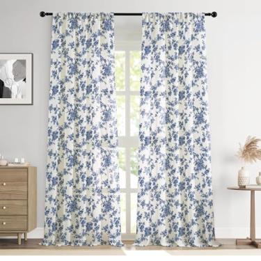 Imagem de Cortinas florais azuis de linho vintage, 203 cm de comprimento, filtragem de luz, cortina de janela francesa para sala de estar, quarto, bolso de haste, cortinas com estampa de flores, 2 painéis