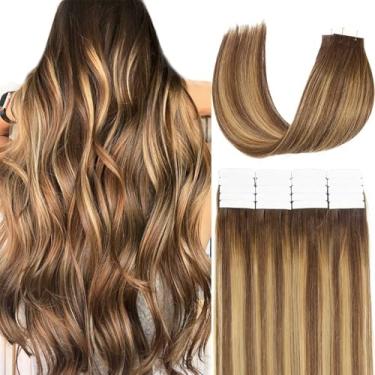 Imagem de Fita de cabelo humano real em extensões dupla face 40 peças 100 g 55 cm sem costura fita invisível em extensões de cabelo humano balayage médio castanho a caramelo loiro grosso extensões de cabelo
