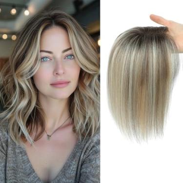 Imagem de YAMI Topper de cabelo humano fofo para mulheres 25,4 cm feito à mão com base suíça 360° cobertura de queda de cabelo (ombré marrom claro com destaque loiro)