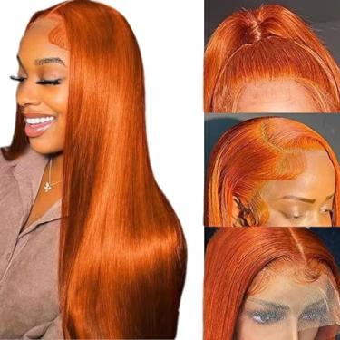 Imagem de Fiumer Peruca de gengibre de cabelo humano 33 x 10 cm liso gengibre laranja peruca frontal de cabelo humano HD transparente lace frontal 350 peruca colorida pré-arrancada 180% densidade 50,8 cm