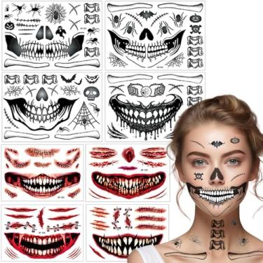 Imagem de Adesivos de tatuagens temporárias de Halloween para maquiagem de Halloween, pegadinhas, bruxas, adesivos falsos, maquiagem de zumbi, esqueletos de cicatriz, cosplay, tatuagens para adultos, mulheres