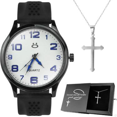 Imagem de Relógio Masculino Preto Branco Silicone Grande Oração Pai Nosso Religioso + Caixa Garantia